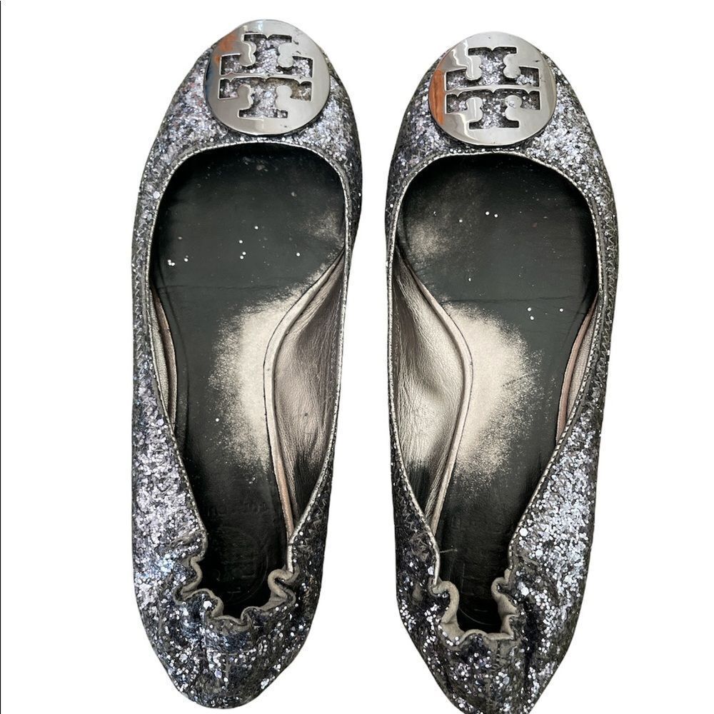 Tory Burch "Reva" Glitter Dark Blue Silver Flat - Picture 1 of 6